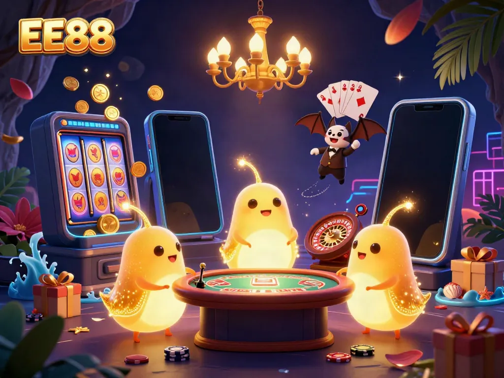 Experience EE88's vibrant cave casino filled with glowworms, games, and excitement!