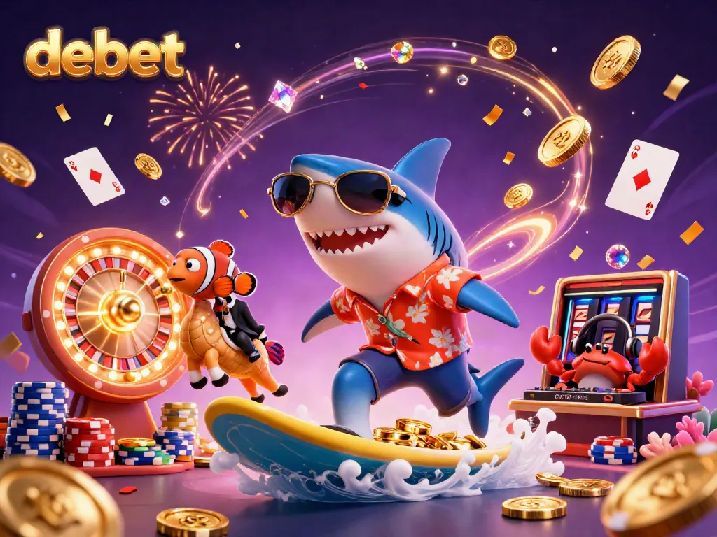 Engaging scene of debet featuring a shark surfing on gold coins, clownfish on seahorse, crab DJ, vibrant magic effects.