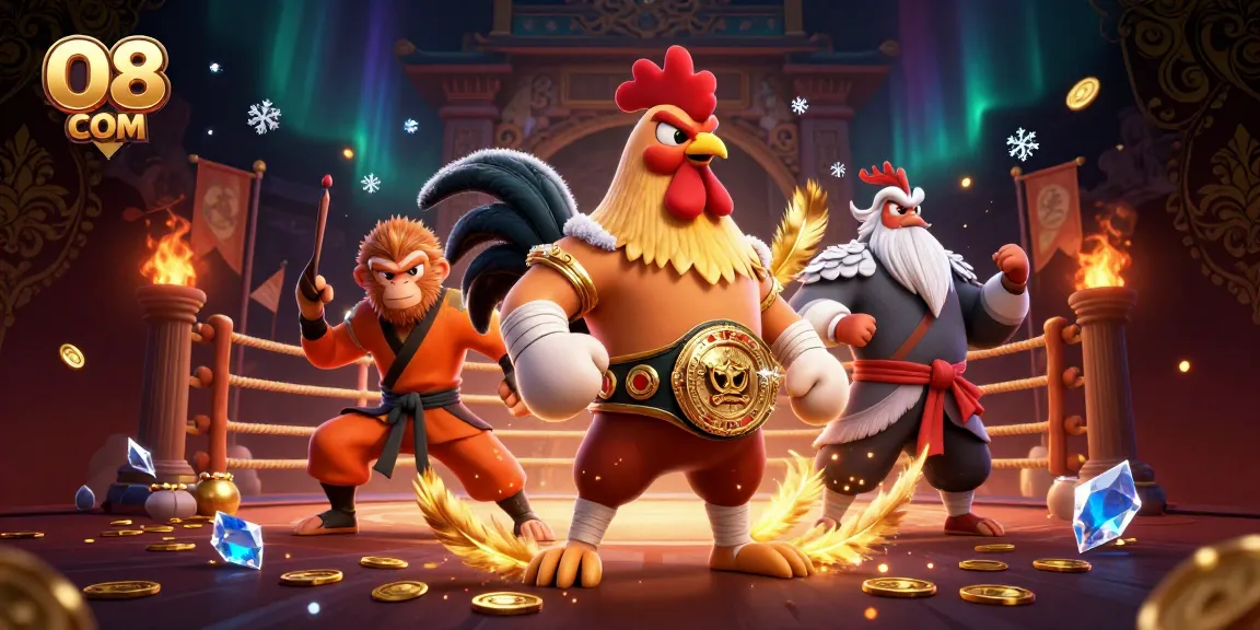 Engage in thrilling Muay Thai at O8 COM with vibrant fighting elements and a 3D cartoon illustration.