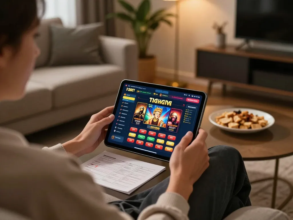 Engaged user playing 12bet online casino on tablet in a cozy living room setting