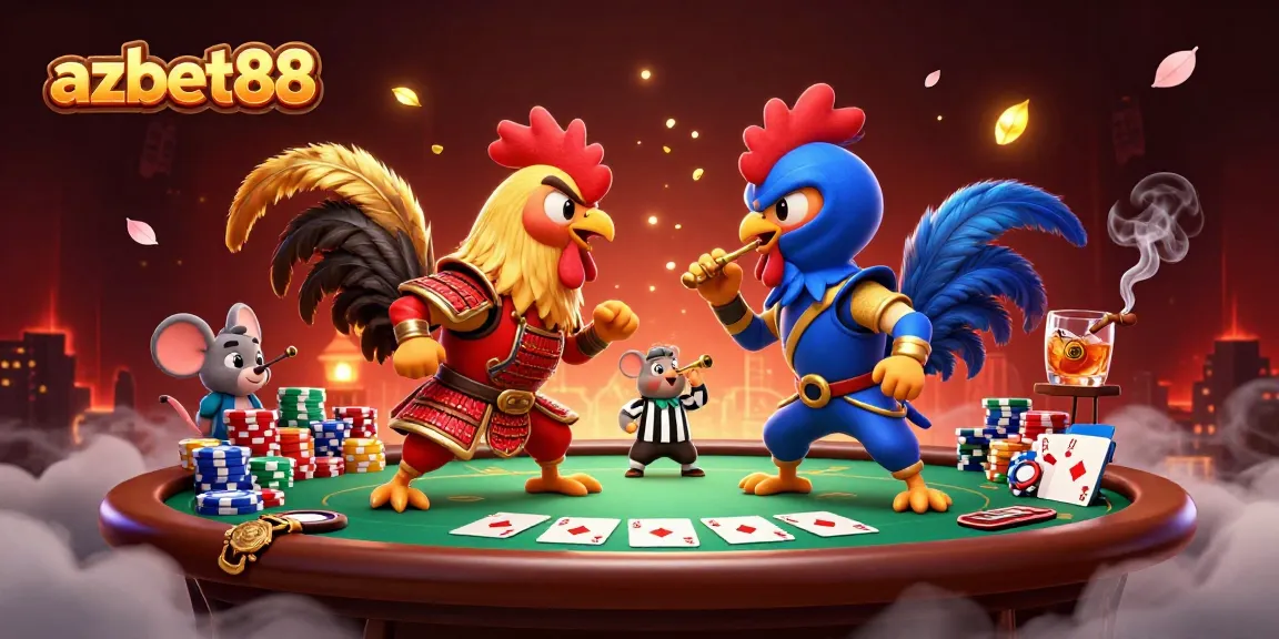 Experience thrilling battles at azbet88 with samurai roosters amid vibrant poker action.