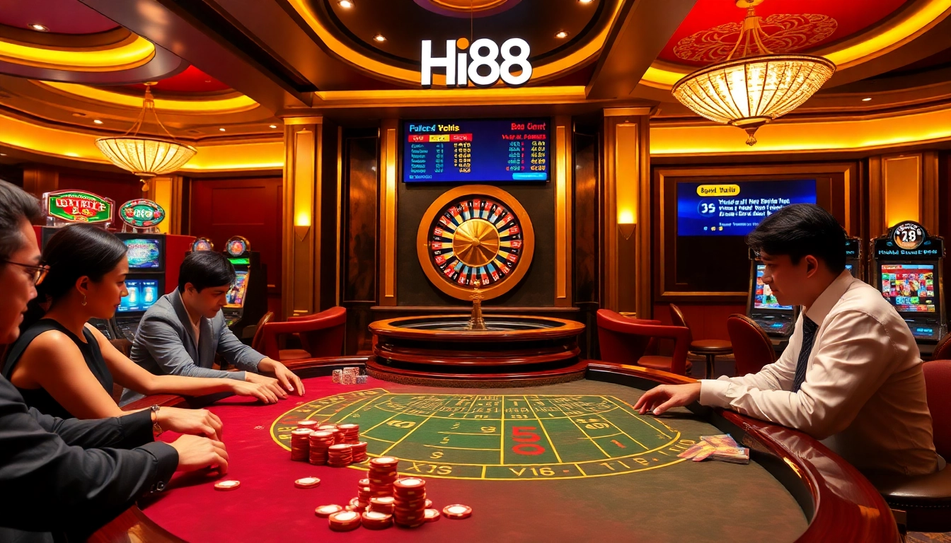 Experience the excitement of Hi88 with players at a vibrant casino table.