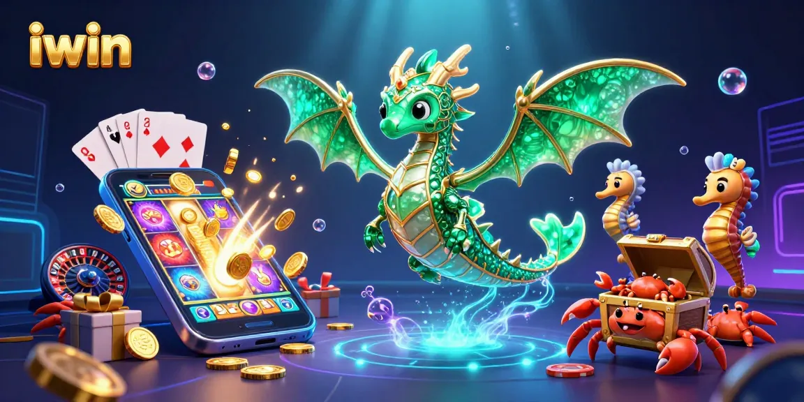 iwin slot game illustration featuring a sea dragon amidst glowing casino elements.