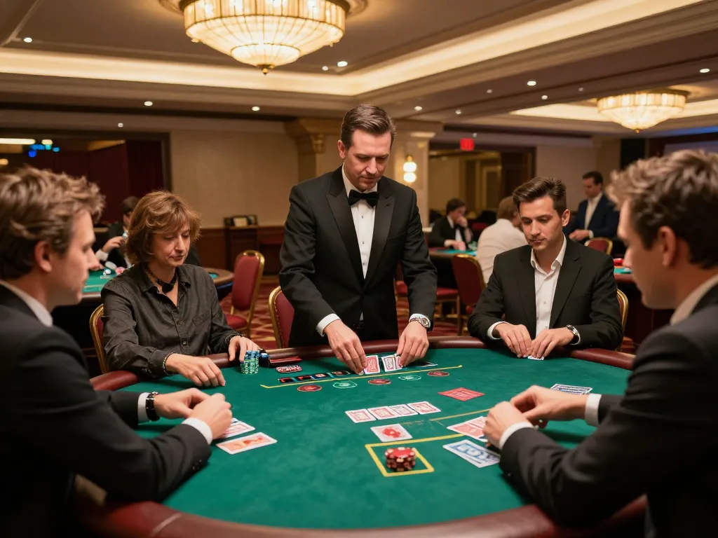 Exciting gameplay at trang chủ okwin blackjack tables, players engaging with high stakes in luxurious casino.