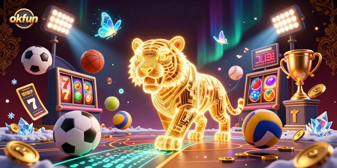 Engage with exciting okfun casino adventures featuring a glowing tiger and dynamic sports elements.