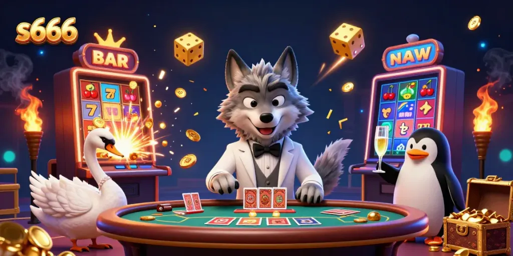 Experience thrilling gameplay at s666 with a 3D illustration of a stylish wolf, swan dealer, and penguin sommelier.