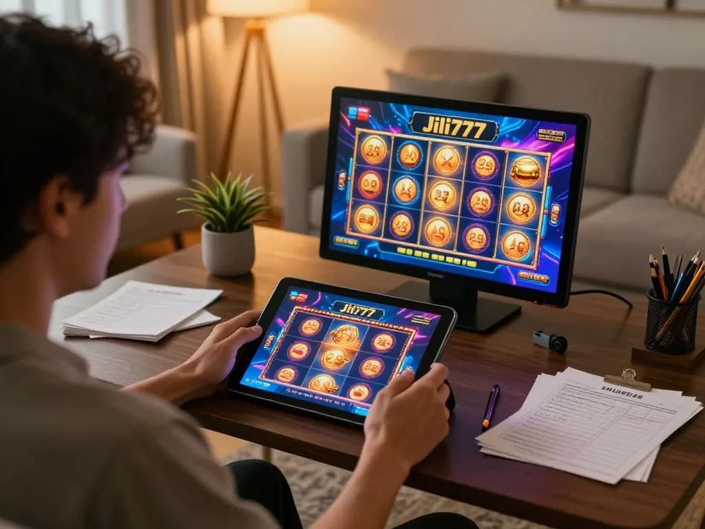 Engaging gameplay on Jili777 Online Casino while relaxing at home with a tablet.