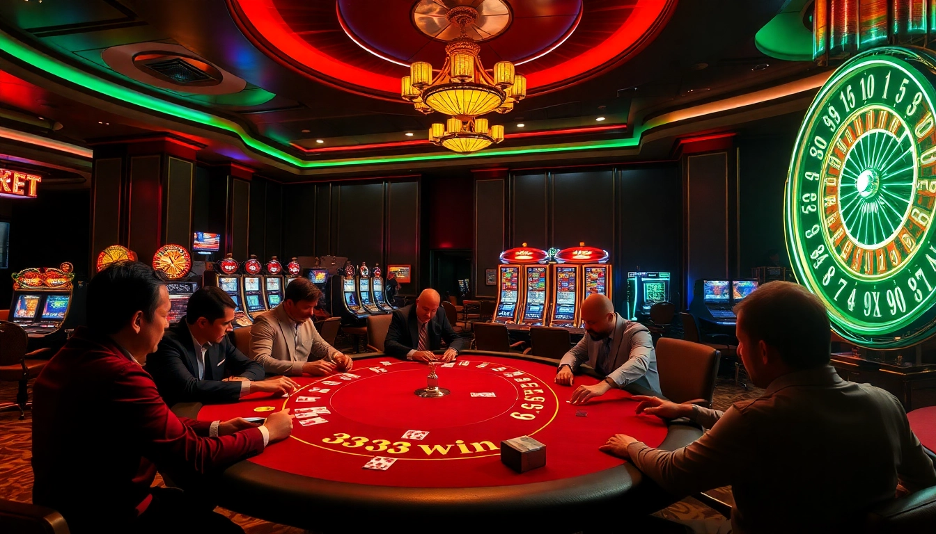 Players engaged in a high-stakes poker game at 33win's luxurious casino.