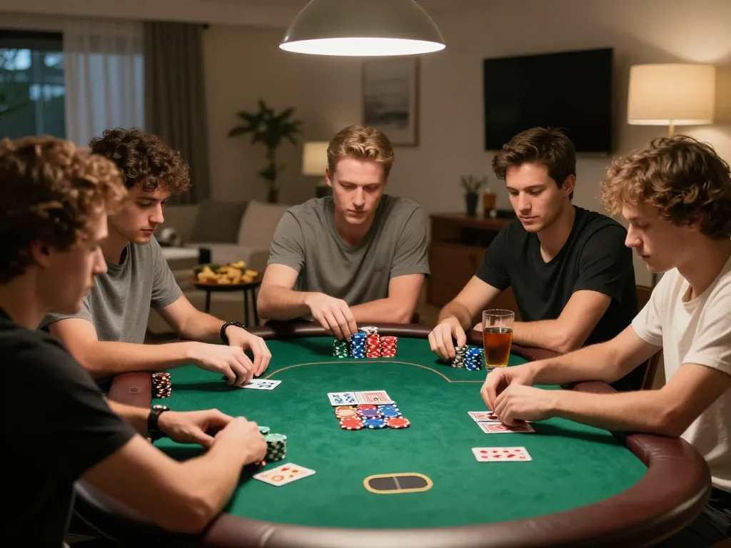 shbet players engaging in a strategic home poker game surrounded by a competitive atmosphere