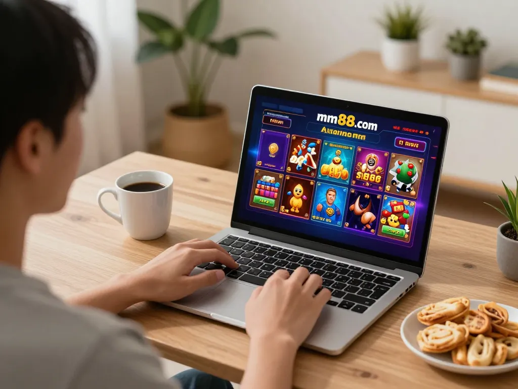 Engaging in online gambling on mm88 com with laptop and snack setup, showcasing strategic gameplay