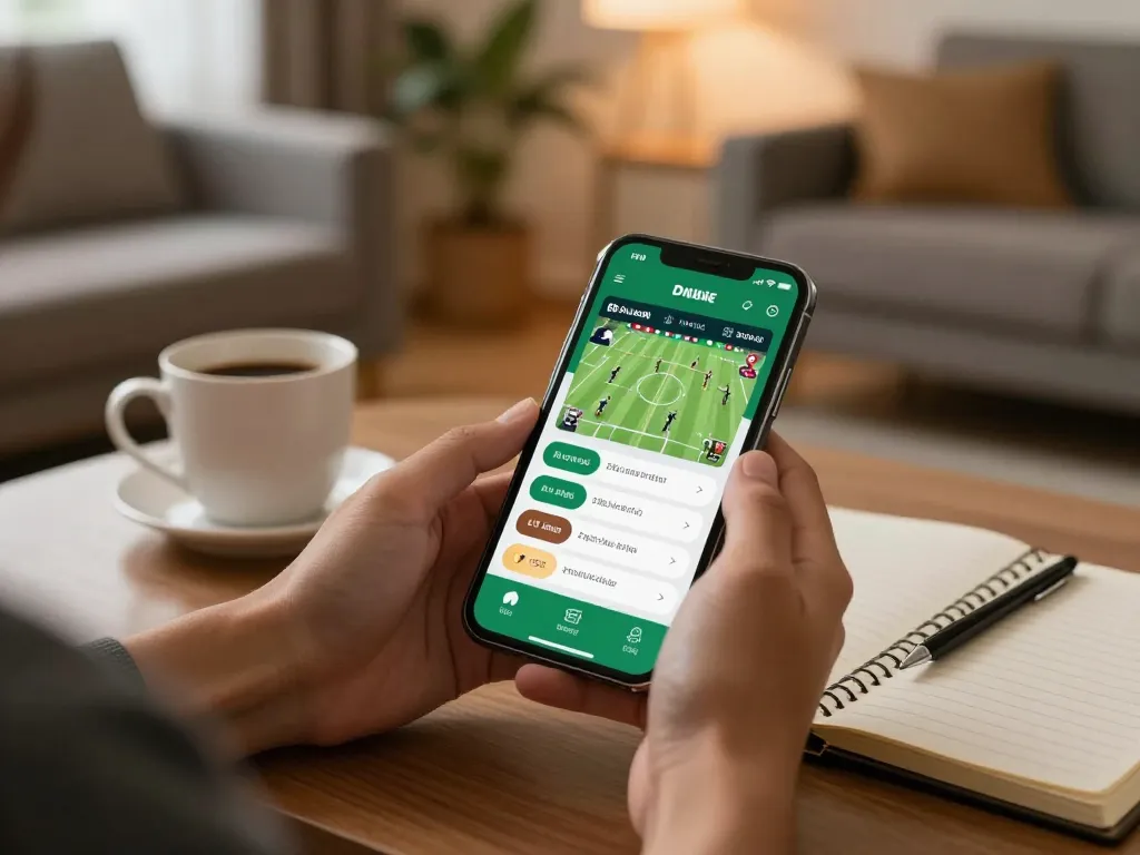 Placing bets on kèo nhà cái 88 using a smartphone app in a cozy home environment.