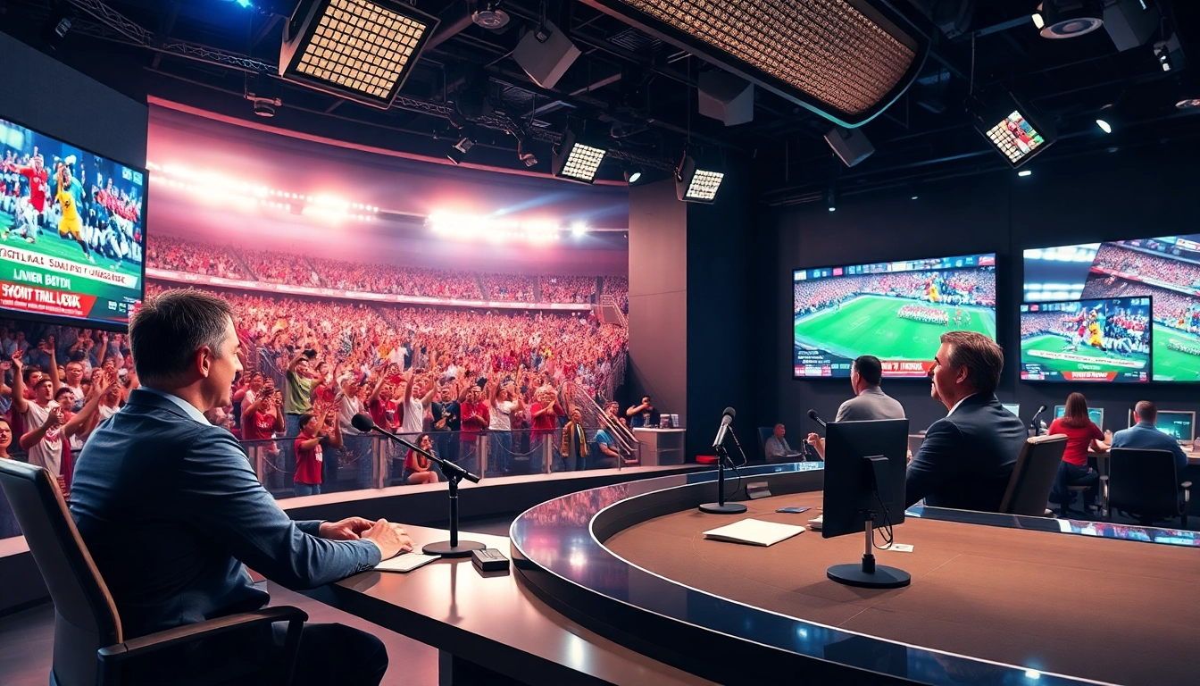 Engaging moment in sports broadcasting with a commentator at a vibrant studio.
