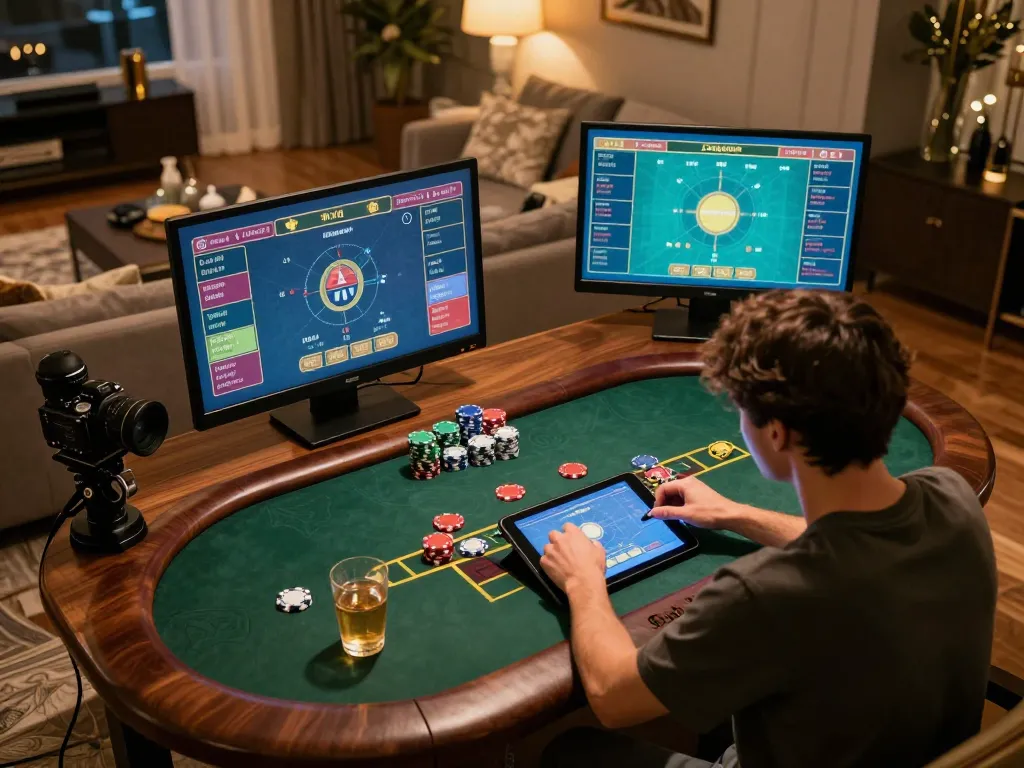 Playing app tài xỉu online on a tablet, surrounded by gaming chips and drinks.
