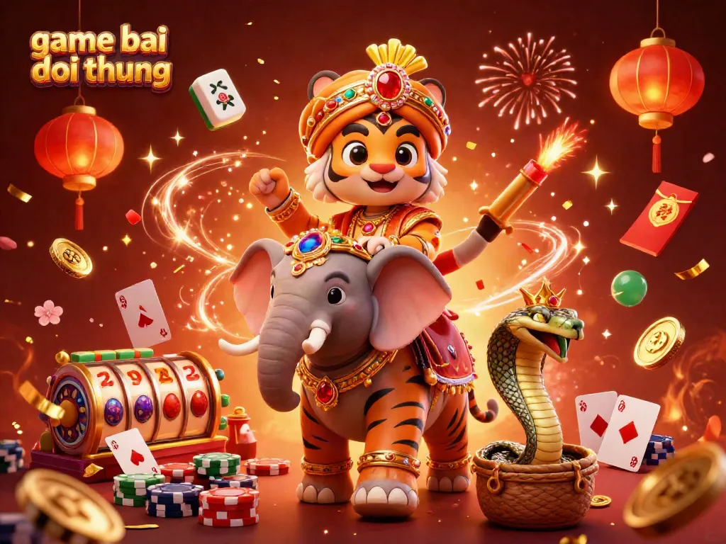 A vibrant 3D illustration showcasing the dynamic theme of game bai doi thuong featuring a maharaja tiger and jewel-encrusted elephant amidst gambling elements.