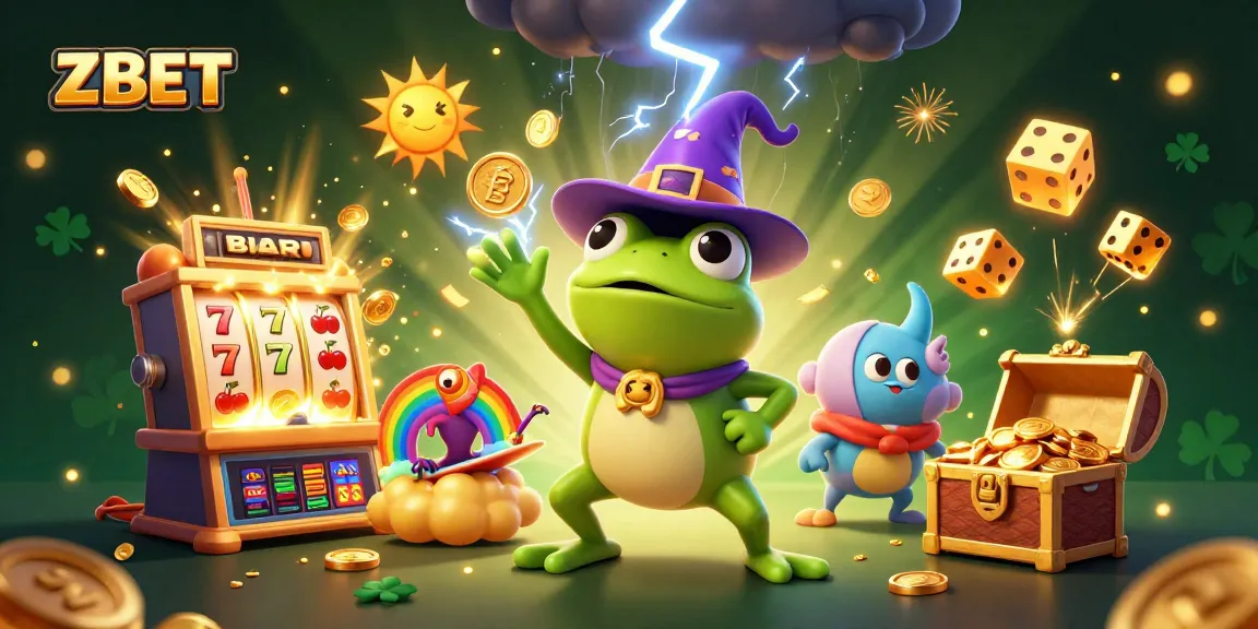ZBET showcases a thrilling casino scene with a wizard frog, chameleon, and exploding slot machine, enhancing gambling fun.